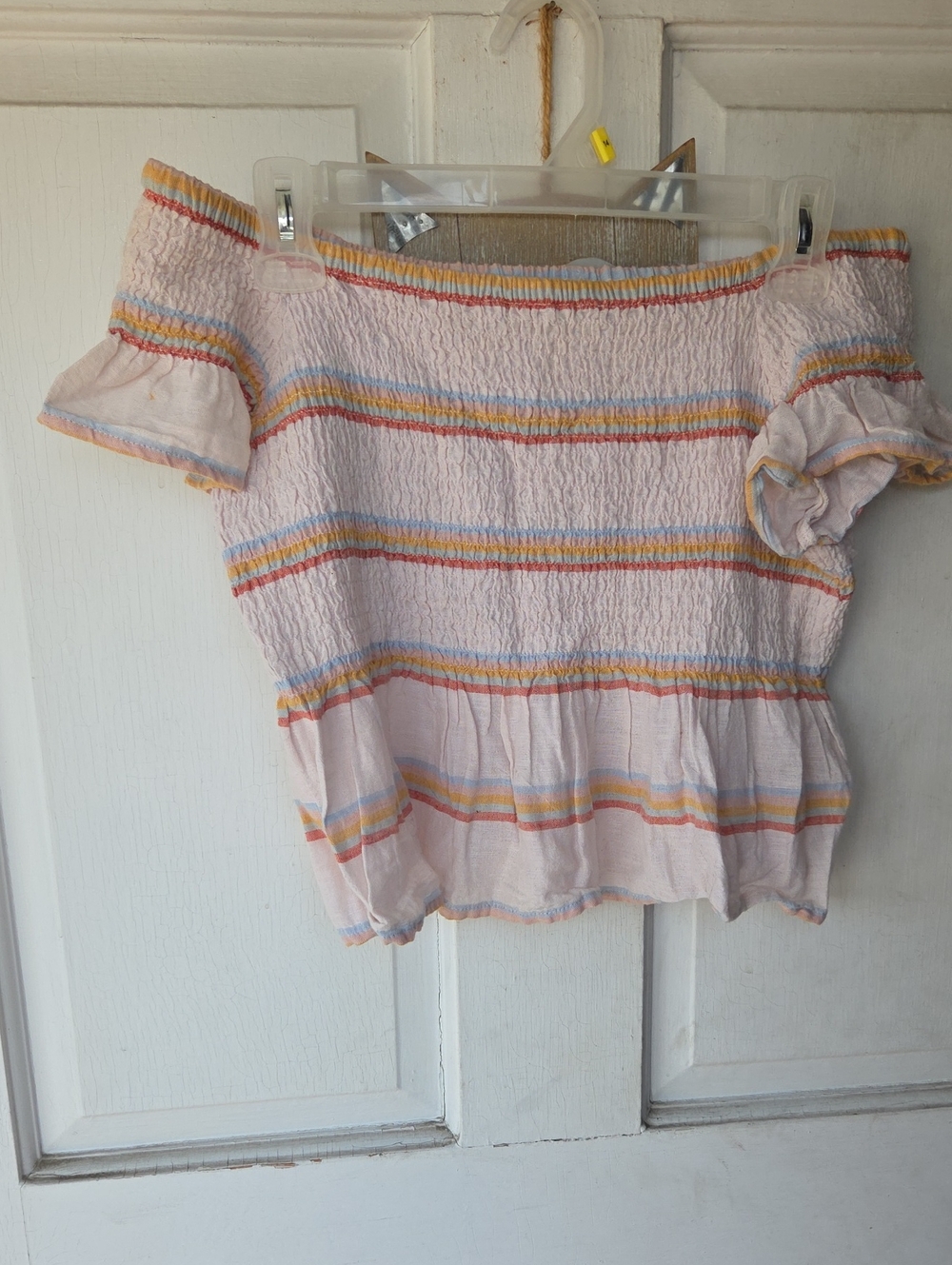 Women’s Off-Shoulder Smocked Top - Light Pink Striped American Eagle Festival M